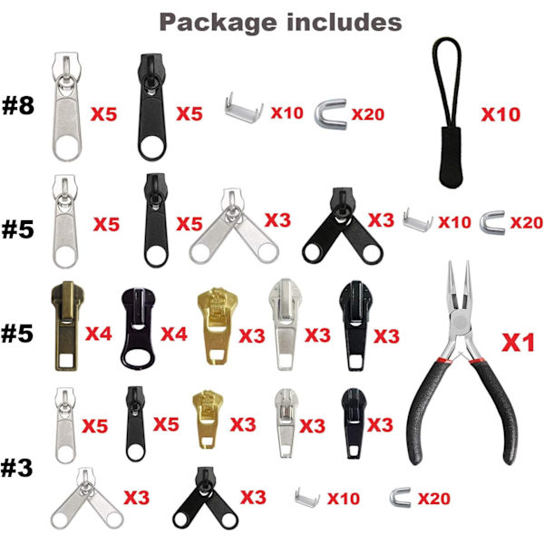 Ersättningsdragkedja reparationskit med dragkedjetång och förlängningspullers för kläder, jackor, ryggsäckar (silver och svart)