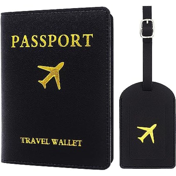 2 bagasjelapper Passveske (svart), 1 passveske og 1 bagasjelapp, PU-lær bagasjelapp for reisepassbeskyttelse og koffertlapper