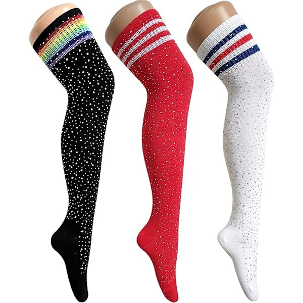 3-pack trippelrandiga strumpor för kvinnor, höga strumpor, tubstrumpor, extra långa höga strumpor med diamant