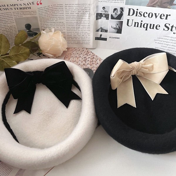 Fleece-kantet sløyfe beret kjendis temperament malerhatt høst og vinter ullhatt dame one size fits all