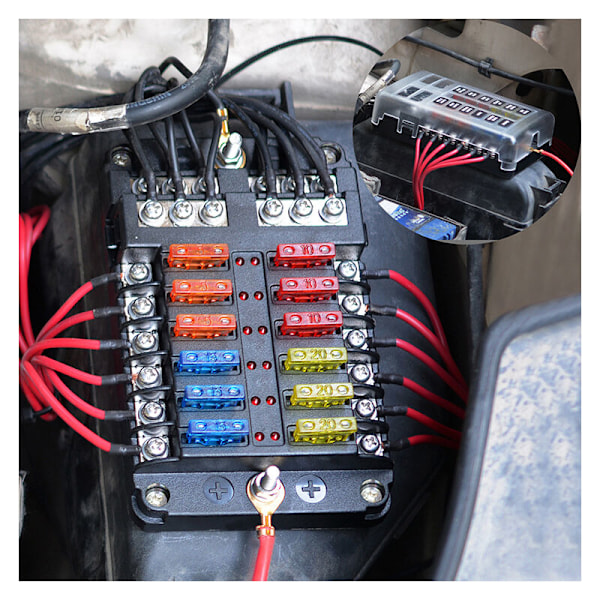 6/12 Vejs sikringsboks 12V, sikringsdør Sikring med 16 sikringer 6 LED LED låg Beskyttelseslåg til 12V/24V SUV Lastbil Marinebil (12 baner)