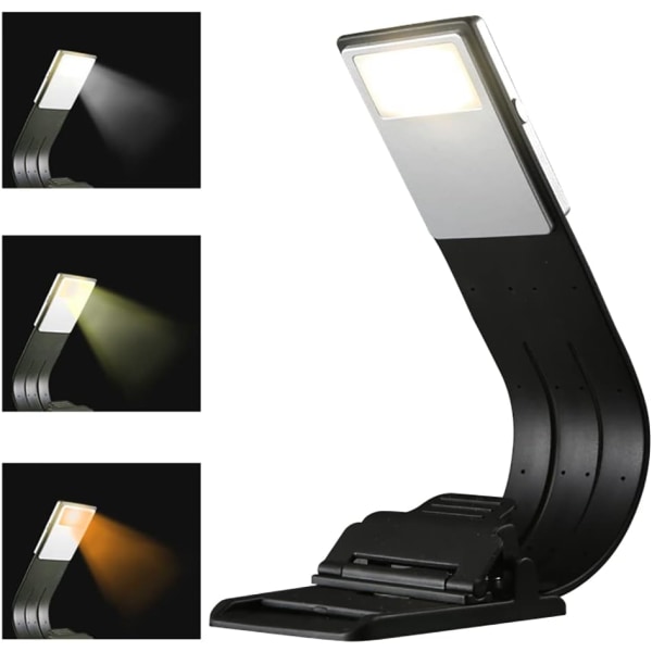 Bokmerkelampe, oppladbar klipslampe, LED-leselampe, 3-farget leselampe, skrivebordslampe for lesing i sengen, fleksibel og perfekt for lesing