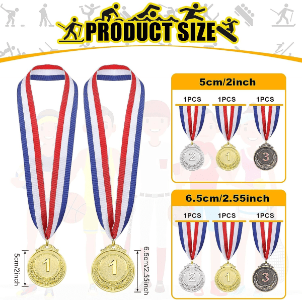 Diameter 5cm Yaomiao 6 stk. Guld Sølv Bronze Medaljer Prismedaljer Olympiske Guld Sølv Bronze Medaljer 1. 2. 3. med Bånd til Olympisk Stil Com