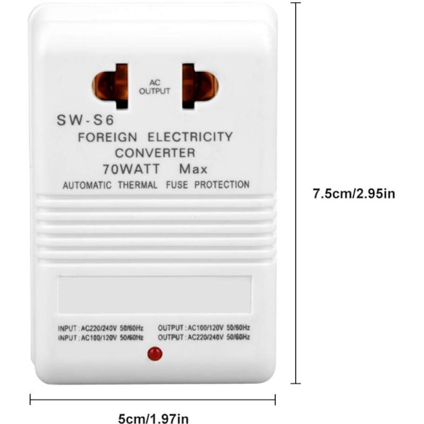 70W Spenningsomformer Transformator 110V/120V til 220V/240V, CN Standard Plugg
