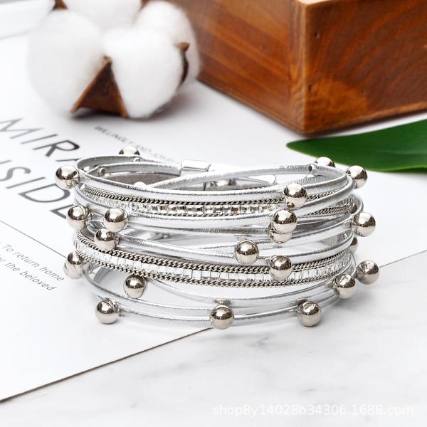 Dam Armband i PU-Läder, Läderlindat Armband, Bohemiskt Leopardmönster Flerskiktat Kristallpärlor Manschett Armband Smycken (Silver Whit