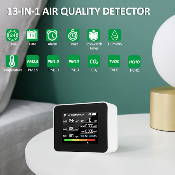Tuya WiFi Luftkvalitetsmätare 13-i-1 Inomhusluftkvalitetsmonitor detekterar Co₂ HCHO TVOC PM2.5 PM1.0 PM10 Luftfuktighet och Temperatur Temperaturlarm MIDIE