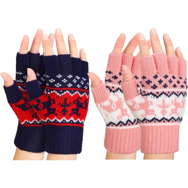 2 par fingerlösa handskar för kvinnor Varma fingerlösa handskar Halvfingervarma vinterhandskar Stretchstickade typhandskar