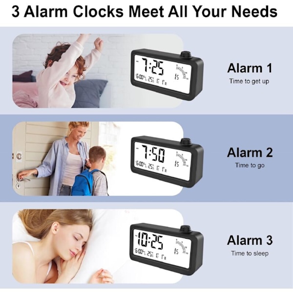 Visuell timer, uppladdningsbara siffror, 60-minuters nedräkning med bakgrundsbelysning, 3 larmlägen, temperatur- och datumvisning,