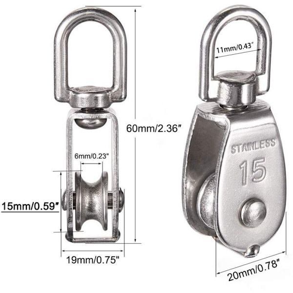 12 stk. M15 Simpel remskive i rustfrit stål 304, 15 mm Kun remskiver Rulleblok, kran kran glat krog reb wire kabel belastning 35 kg