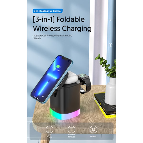 Magnetisk tre-i-ett trådløs lader - 15W hurtiglading stasjonær magnetisk brakett sammenleggbar mobiltelefon RGB trådløs lading