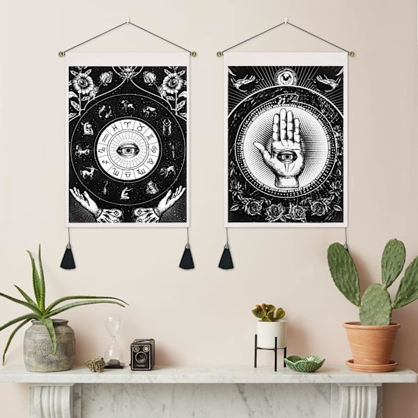 Set med 2 Fatima-väggbonader med tofsar, svart ondskeöga-väggbonad, astrologiska stjärnteckens väggkonst, för sovrum vardagsrum, 35x50 cm
