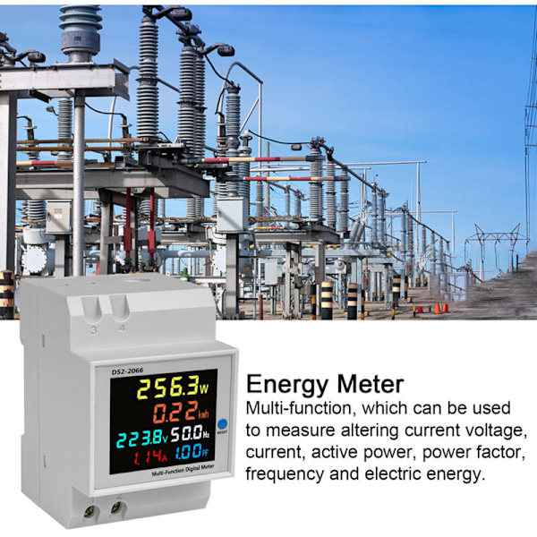DIN-skena Multifunktionsräknare D52-2066, färgstark LCD-skärm, spänning, ström, aktiv effekt, frekvens, mätning av elektrisk energi, övervakningsenhet