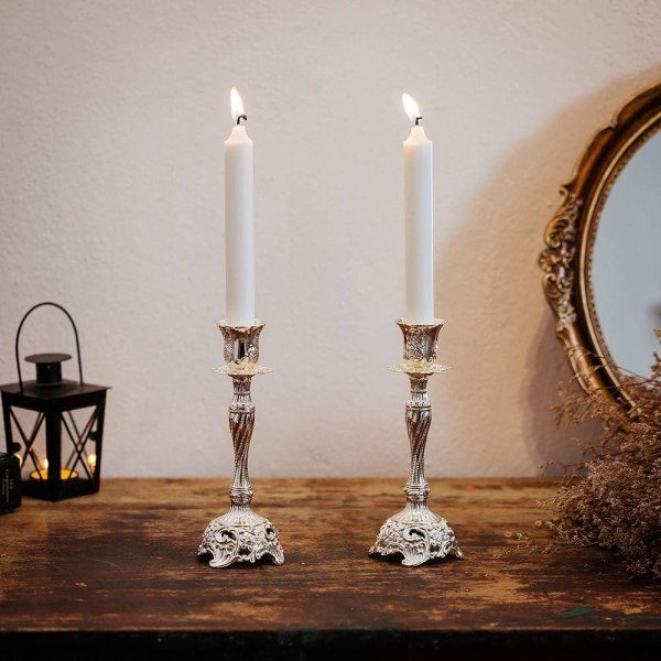 2 kynttilänjalan sarja Kynttilänjalat Candelabra hopeassa metallikoristeessa, Vintage-kynttilänjalka hääpöydän koristeluun, hopea