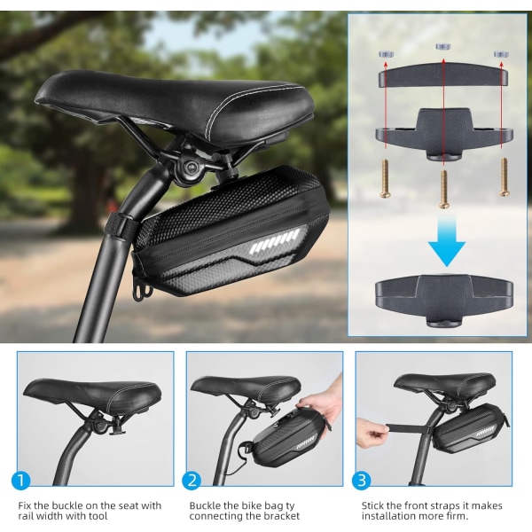 1,5L Cykelsadeltaske Vandtæt Under Sæde Cykeltilbehør Cykeltaske Hardshell Taske med Sølv Reflekterende Strimmel, Sort