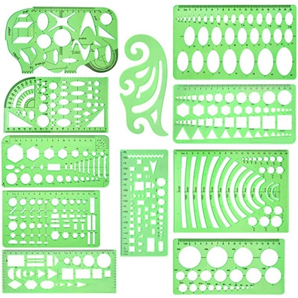 Sarja 6 Normografiaa Luonnoksia ja Kaavioita varten - Technic Trace-Forms - Ympyrät, Kolmiot, Neliöt, Suorakulmiot Stensiili - 10 Geometriset Muodot Erilaisia