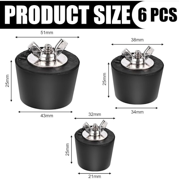 6 kpl talvitulppasarja uima-altaalle - 32 mm / 38 mm / 51 mm - Kumitulpat ruostumattomasta teräksestä valmistetuilla pulteilla - Intex-altaalle, talvi-allastarvikkeet uima-altaalle