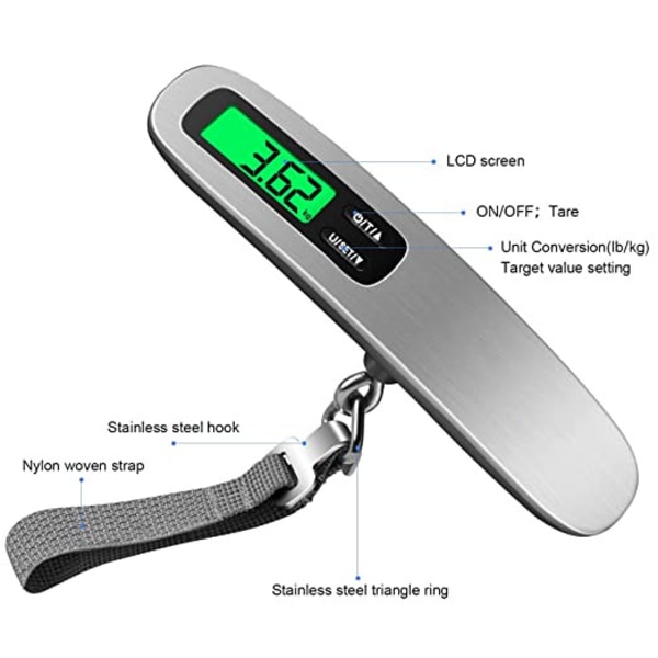 Grå, Elektronisk Bagagevåg, Digital Resevåg, Bärbar Våg för Resväskor, Väskor, MAX 50 kg / 110 lbs, Bakgrundsbelyst LCD-display, Tarafunktion