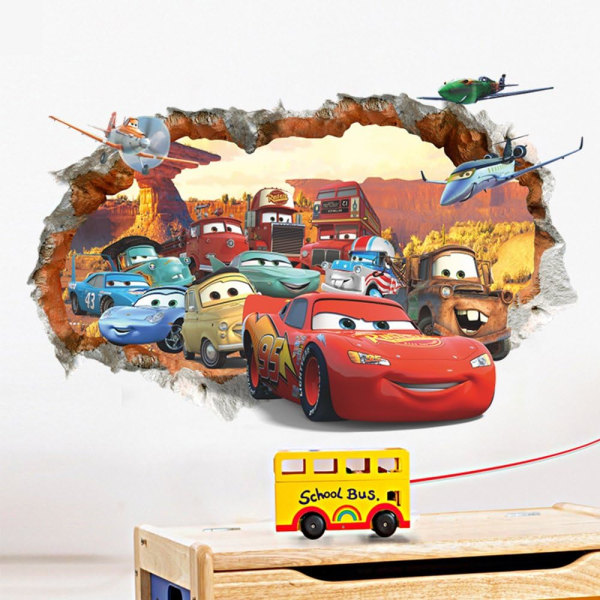 3D skadet vegg tegneserie biler fly veggklistremerker, barnerom pleiere