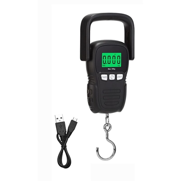 PESE Bærbar rejsevægt til bagage 110 lb/50 kg Genopladelig USB Kuffertvægt med stort håndtag & krog, baggrundsbelyst LCD-skærm, målebånd, elektro