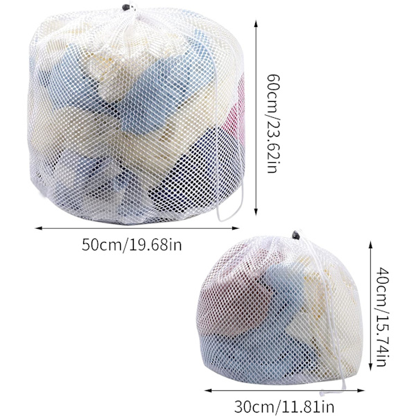 2-pakning tykk mesh klesvaskpose med snøring for vaskemaskin, egnet for undertøy, sko, frakker (30 x 40 cm, 50 x 60 cm)