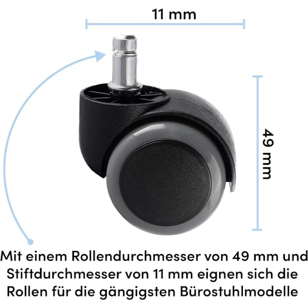 Set med 5 hjul för kontorsstol - Dimension: 11 x 48 mm - hjul för skrivbord lämpliga för hårda golv - 360° rotation