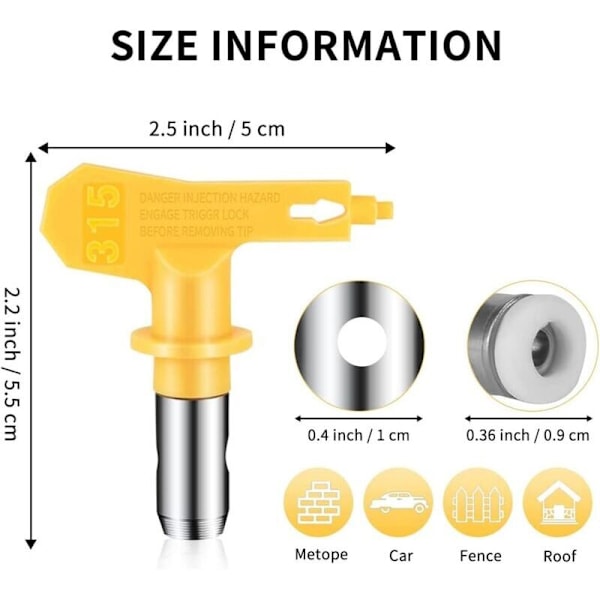 5-Pack Vändbara Färgsprutmunstycken med Munstycksskydd, Distansanordning och Sprutdelar (215 315 417 523), Gul