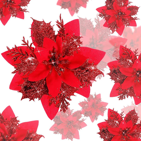 20 st röda juldekorationer, konstgjorda julblommor, glitter julgransgirlang, konstgjorda blomhänge, för julgran