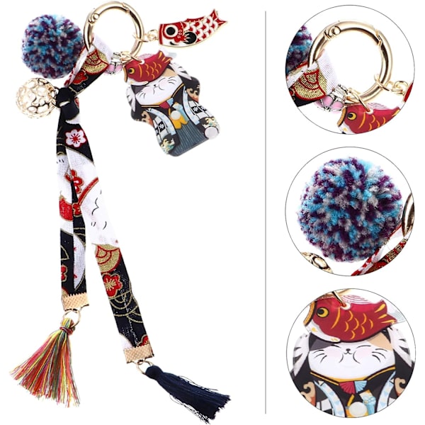 (Stil 1)Lucky Cat Nøglering med Maneki Neko Pom Pom Bell Japansk Kat Lykke Nøglering Nøglering til Bil Håndtaske Pung