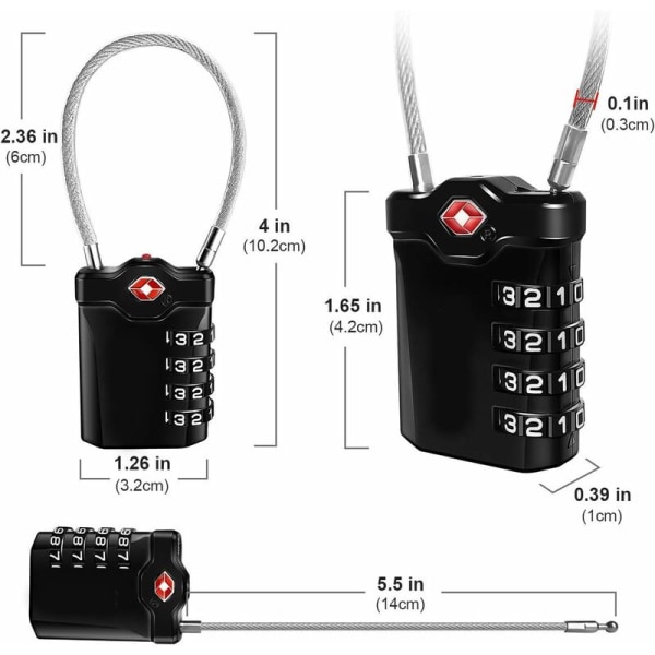 4-siffrig kod Bagagehänglås för resväska College Locker Hänglås med öppen bagagevarningsfunktion och stålkabel (svart)-1 artikel