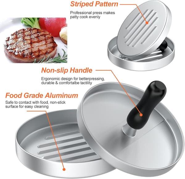 Non-Stick Hamburgerpress, Hamburgerpressar, Aluminiumform för BBQ Picknick Hamburger Bacon Korv (Silver)