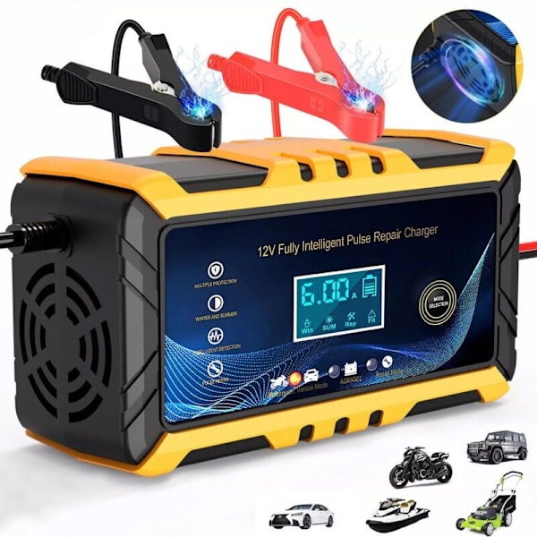 Bilbatterioplader - 12V/6A Smart Batterioplader, LCD-display, Batterioplader Vedligeholder, Sort/Gul