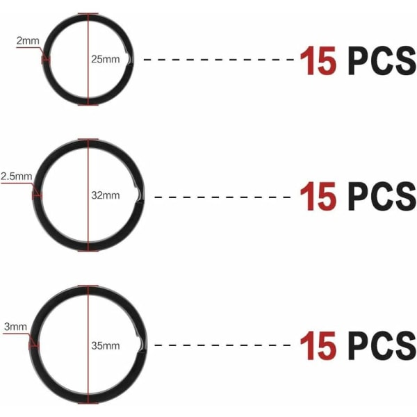 45 stk flate nøkkelringer i metall, delte nøkkelringer i metall, sorte nøkkelringer i metall, flate nøkkelringer i metall for organisering av nøkler (diameter 25mm 32mm 35mm), Fonepr