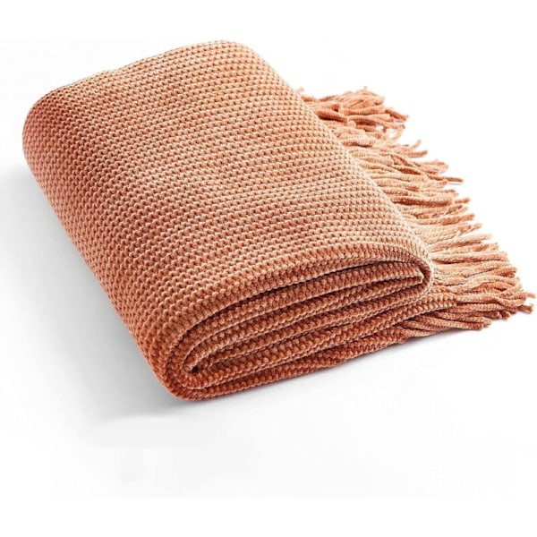 Stickad filt för soffa, söt, lantlig stil, bohemisk, med pompoms, lätt, dekorativ, lönnbrun, för säng/stol/soffa, randig textur, 180 cm bred