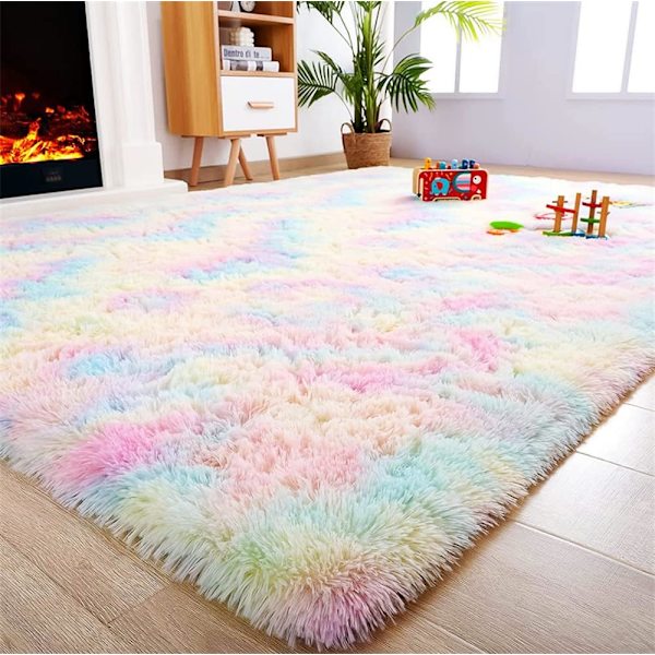 Mjuk golvmatta fluffig konstgjord pälsområde matta dekorativ gradient golvmatta för sovrum vardagsrum matsal (regnbågsfärger, 80×160cm)