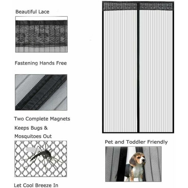 Magnetisk myggenetdør 140x220cm, Fiberglasdør myggenet, Fluenet til dør Automatisk lukning Ultra fint mesh Uden dryp (Sort)