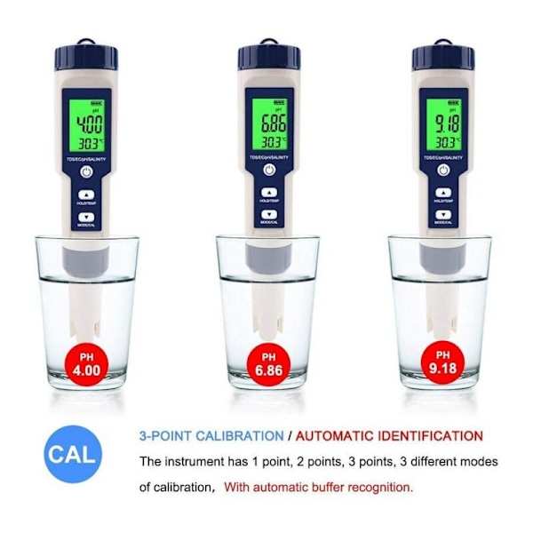 PH-tester Elektronisk måler 5-i-1, PH & TDS & EC Saltholdighed & TEMPERATUR VANDKVALITET, LCD-skærm og læsenøjagtighed, til drikkevand, akvarier