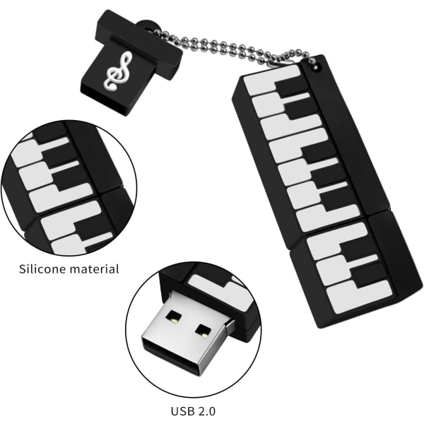 USB-minne 64 GB, USB 2.0-minne, bärbar minnespinne, USB-nyckel 64 GB, söt pianominne för PC, surfplatta, TV, bil etc. (pianosvart)