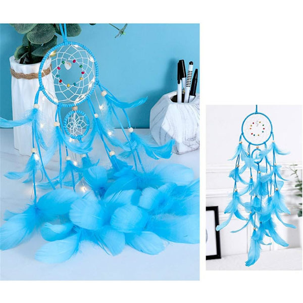 Vinduende lampe-drømmefanger med LED-nattelys, håndlavet drømmefanger med fjer, vægophæng, boligindretning, natlampe, børnegave, soveværelse (blå)