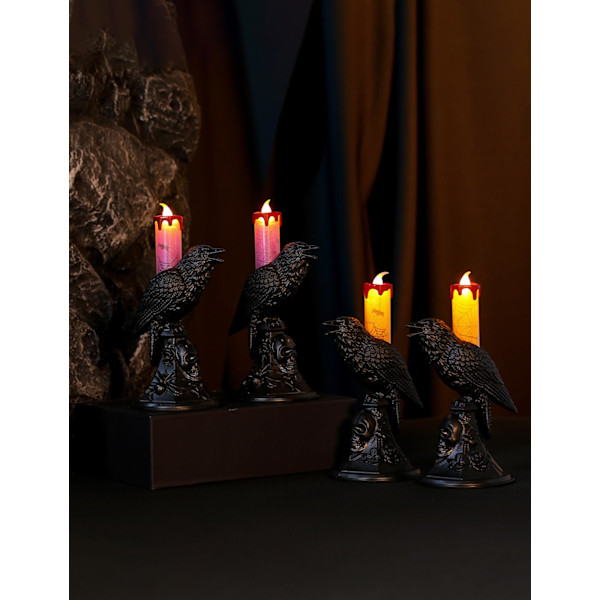 Halloween LED-ljus 2-pack Retro Gotisk Kråka Design Halloween Prydnader Skalle Snidad Bas Spindeltryck Flamlösa Ljus Heminredning (Svart)