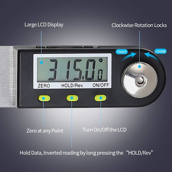 Digital vinkelmätare 0-360° Digital lutningsmätare Rostfritt stål Vinkelmätare Linjal med LCD-display för träbearbetning Konstructio