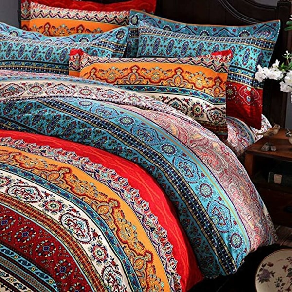Påslakan 220x240cm + 2 örngott 65x65cm 2 Person vuxen flicka färgad blå bohemisk Boho gammalt sänglinne sänglinne
