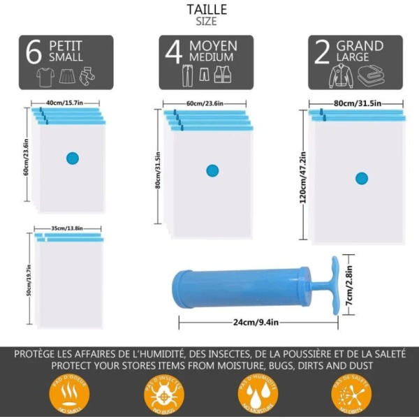 12 stk. Vakuumopbevaringsposer Vakuumrenser med 1 pumpe