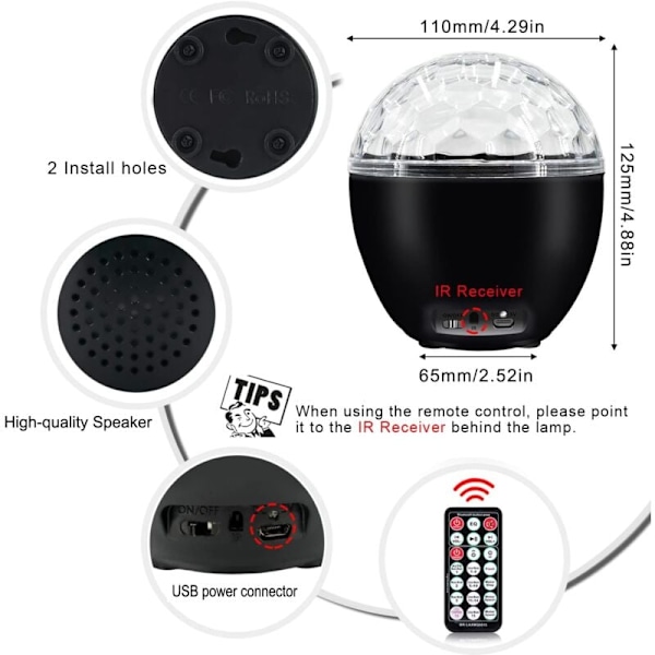 16 Färger LED Discolampa Discoljus Scenlampa med Bluetooth Fjärrkontroll och USB-kabel Discolampa för Fest Jul