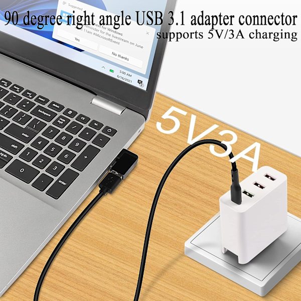 USB 3.1 90° Vinklet 10 Gbps USB 3.1 Han til Hun Adapter, Retvinklet USB A 3.1 Stikadapter, Understøtter Dataoverførsel, OTG, 3A Opladning, 2 stk (