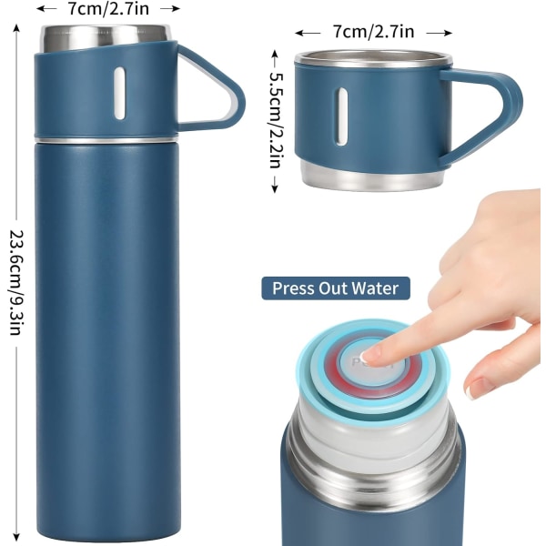 500 ml / 17 unssia ruostumattomasta teräksestä valmistettu kahvitermospullosetti, eristetty vesipullo kolmella kupilla kuumille ja kylmille juomille, sininen