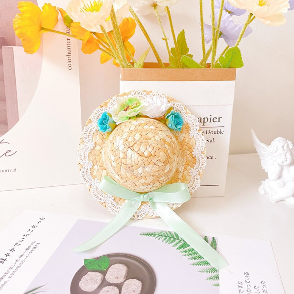 (Grønne Blomster)Kæledyr Hund Halm Hat Daisy Sol Hat Hvalp Bowknot Blomst Halm Hat Hvalp Hat Hund Kostume Hat Hawaii Hvalp Tilbehør