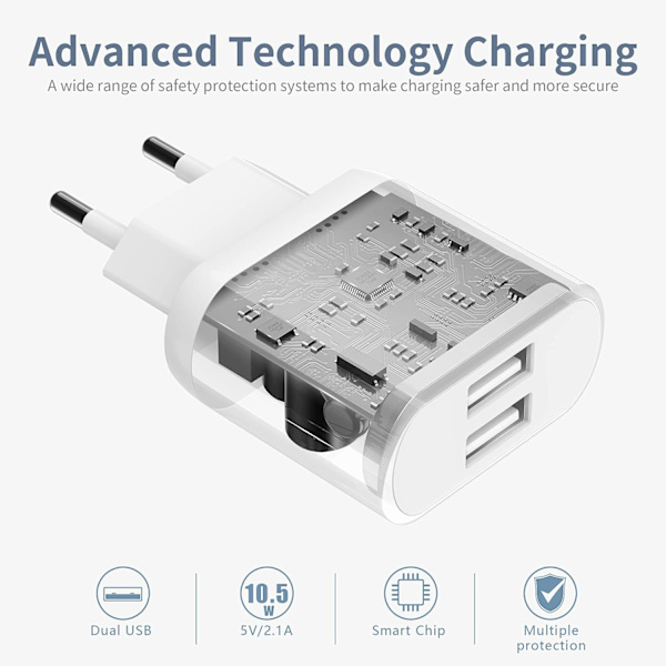 USB-kontakt, 3-pakning 2.1A/5V lader for iPhone 11 Pro Max XS XR X 8 7 6 6S Plus 14 13 12 SE 5 5S 5C, Samsung Galaxy, Huawei, 2 Power Port telefonadapter