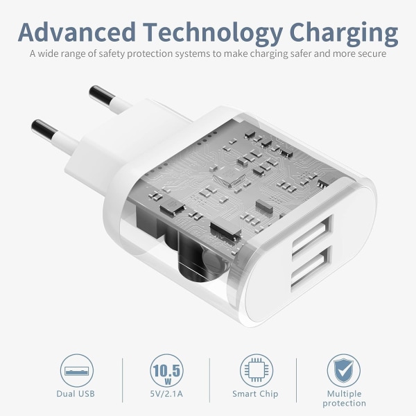 USB-stikkontakt, 3-pak 2.1A/5V oplader til iPhone 11 Pro Max XS XR X 8 7 6 6S Plus 14 13 12 SE 5 5S 5C, Samsung Galaxy, Huawei, 2 strømport telefonadapter