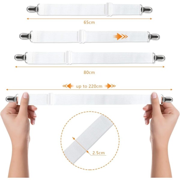Elastisk lakenstrammer med justerbare festestropper for seng, sofa, strykebrett (hvit, sett med 4)