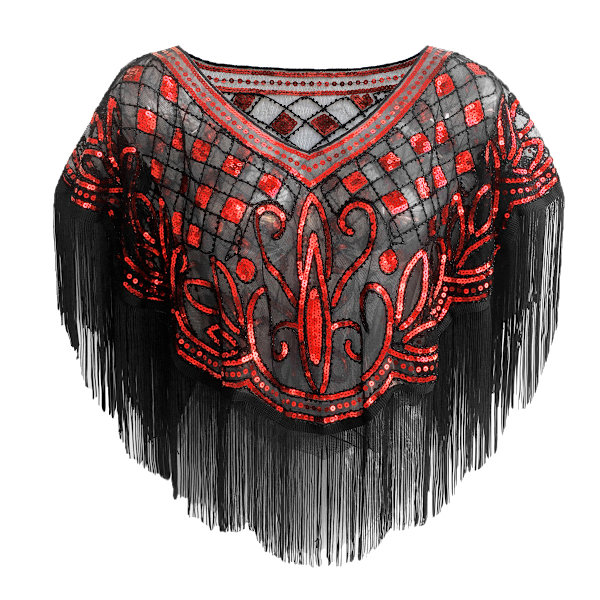 Vintage 1920'er Dame Sequin Mesh Skinnende Skalleret Poncho Mesh Broderet Blad Bluse Fest Rød